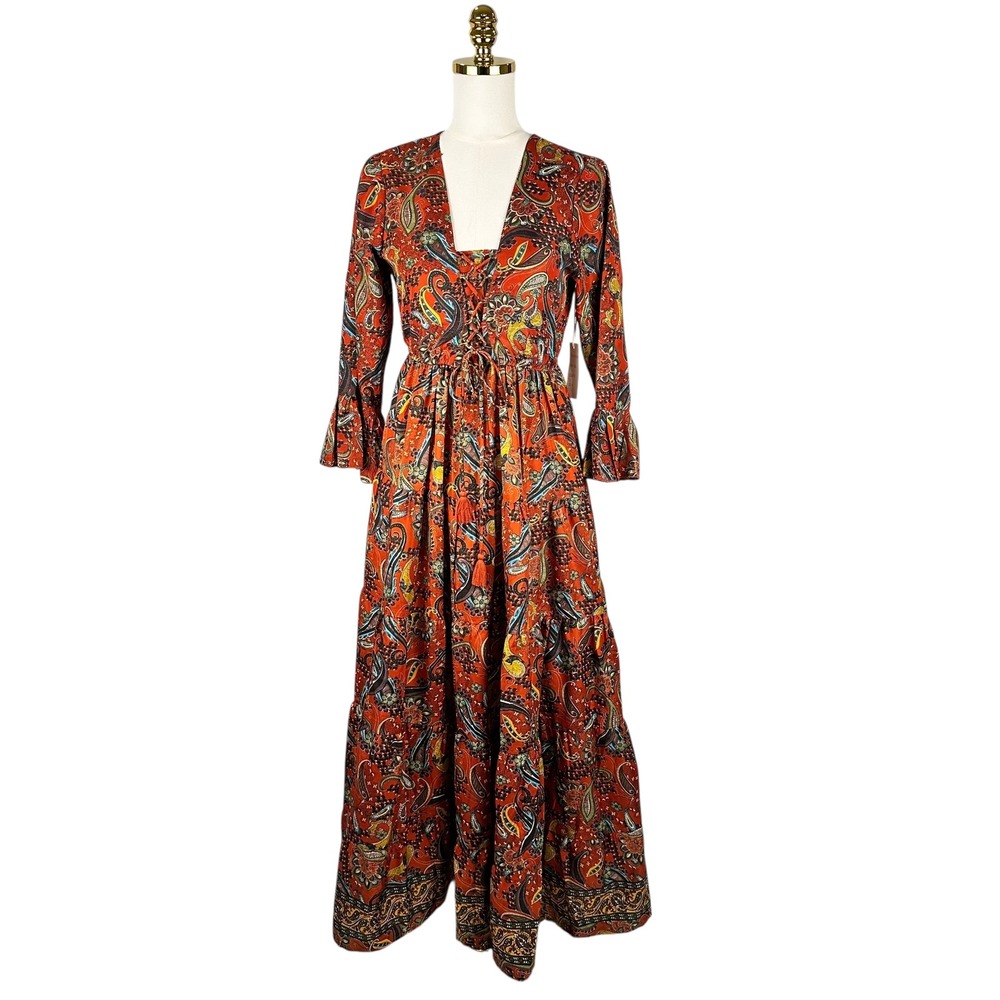 NWT Boemo Orange Paisley Lace Up Tiered Maxi Dress Size Medium Boho R4202